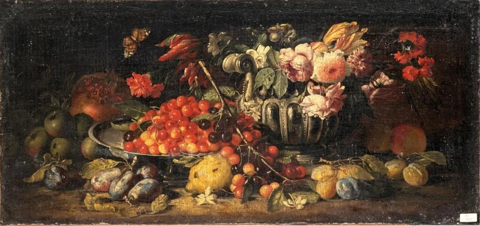 Natura morta con bacile d'argento e fiori, ciliegie, susine e melograno
